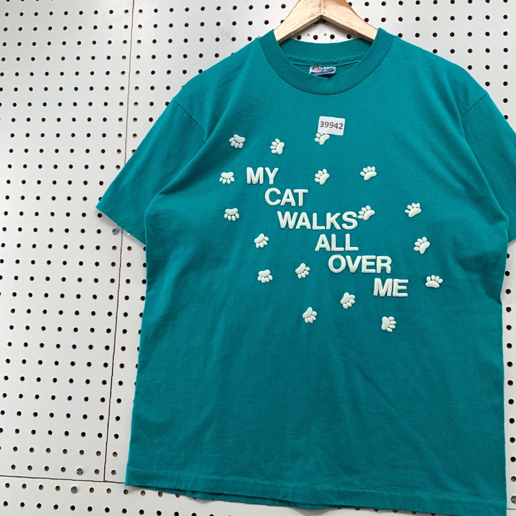 Hanes VINTAGE 80s Hanes Funny Cat Paw Print T-Shirt Mens Large Green Graphic Print Made in USA Size US L / EU 52-54 / 3 - 3 Thumbnail