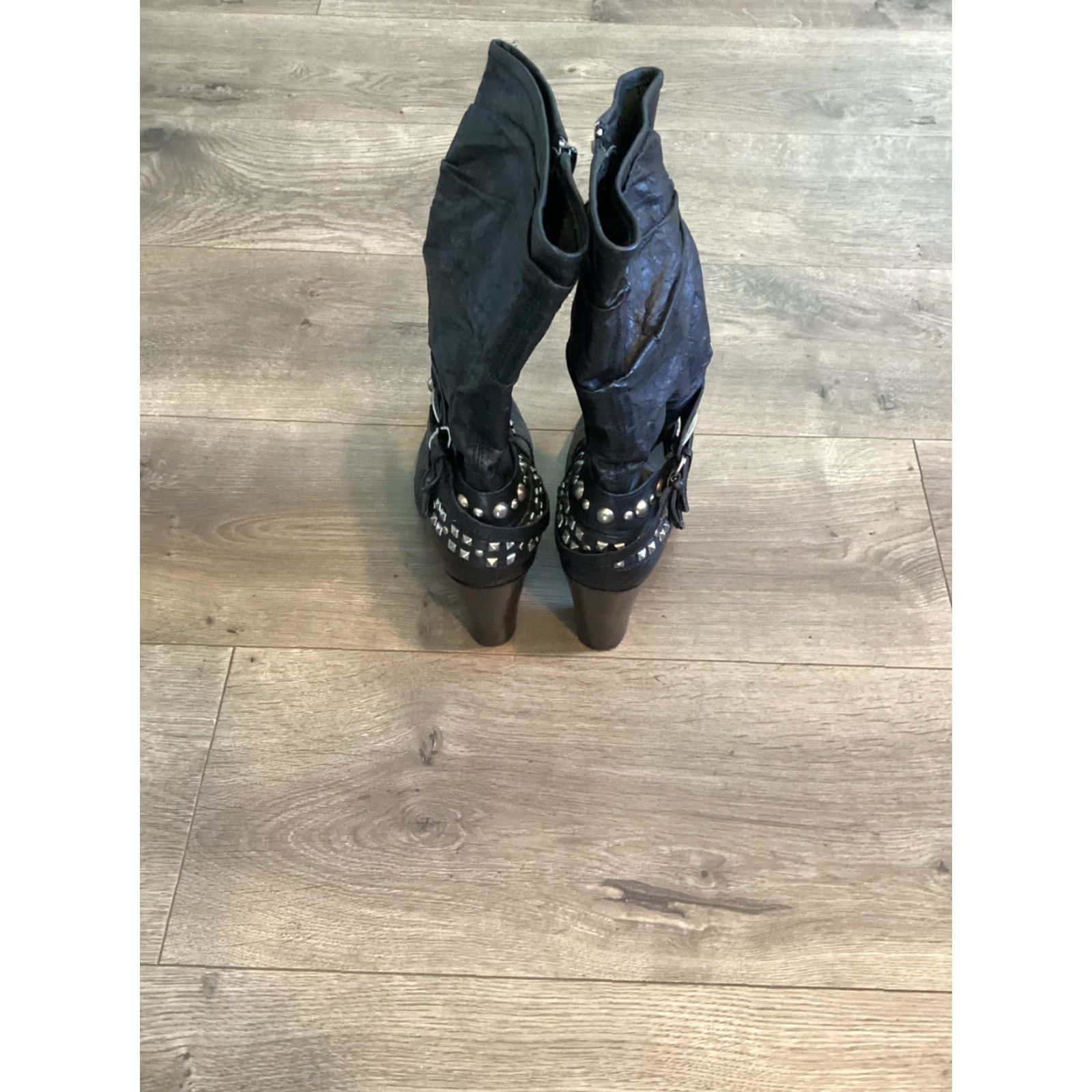 Vintage VINTAGE a.n.a Biker Boots Women Mid-Calf Leather Zipper Black 6.5 High Block Heel Studs Size US 6.5 / IT 36.5 - 3 Thumbnail