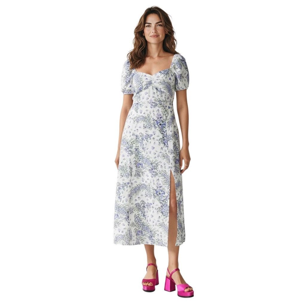 & Other Stories Floral Puff Sleeve Linen Midi Dress-size 12