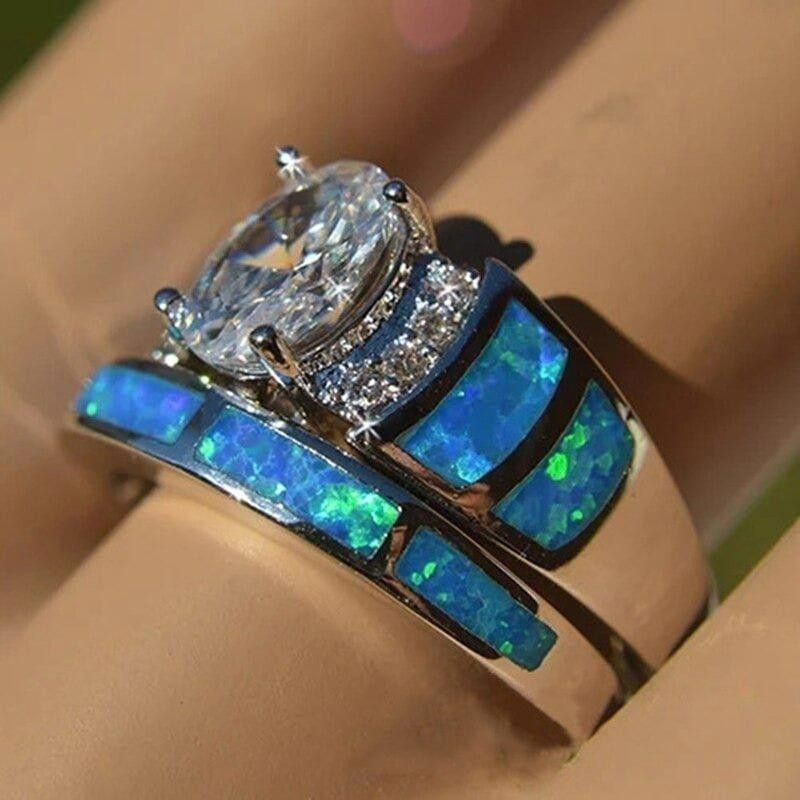 Designer 2pcs Blue Opal Epoxy Zircon Inlaid Silver Ring Set - Size 6 Size ONE SIZE - 2 Thumbnail