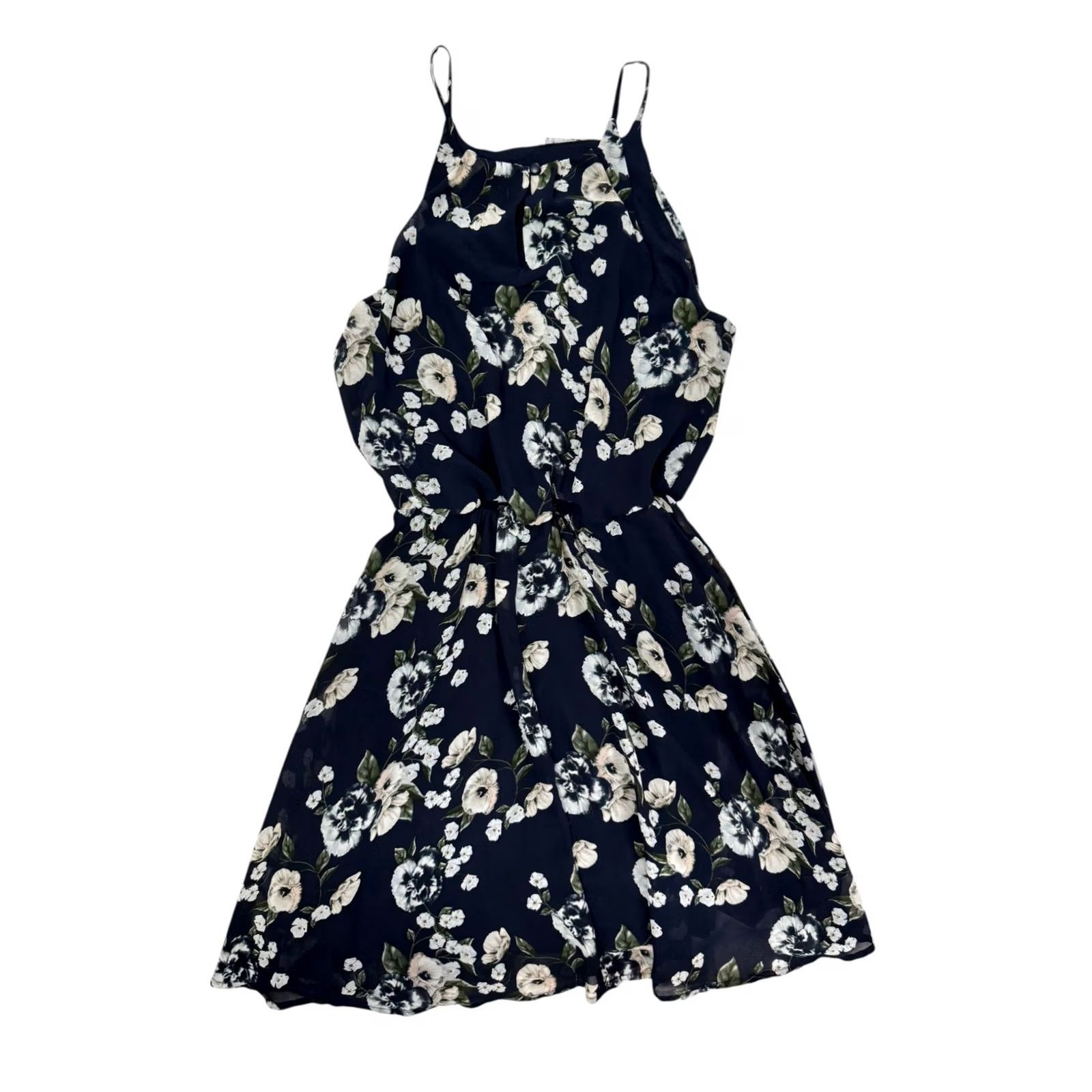 Vintage Blue Rain Women's Navy Blue Floral Halter Mini Dress Size S Spaghetti Strap Flower Sundress Size S / US 4 / IT 40 - 3 Thumbnail