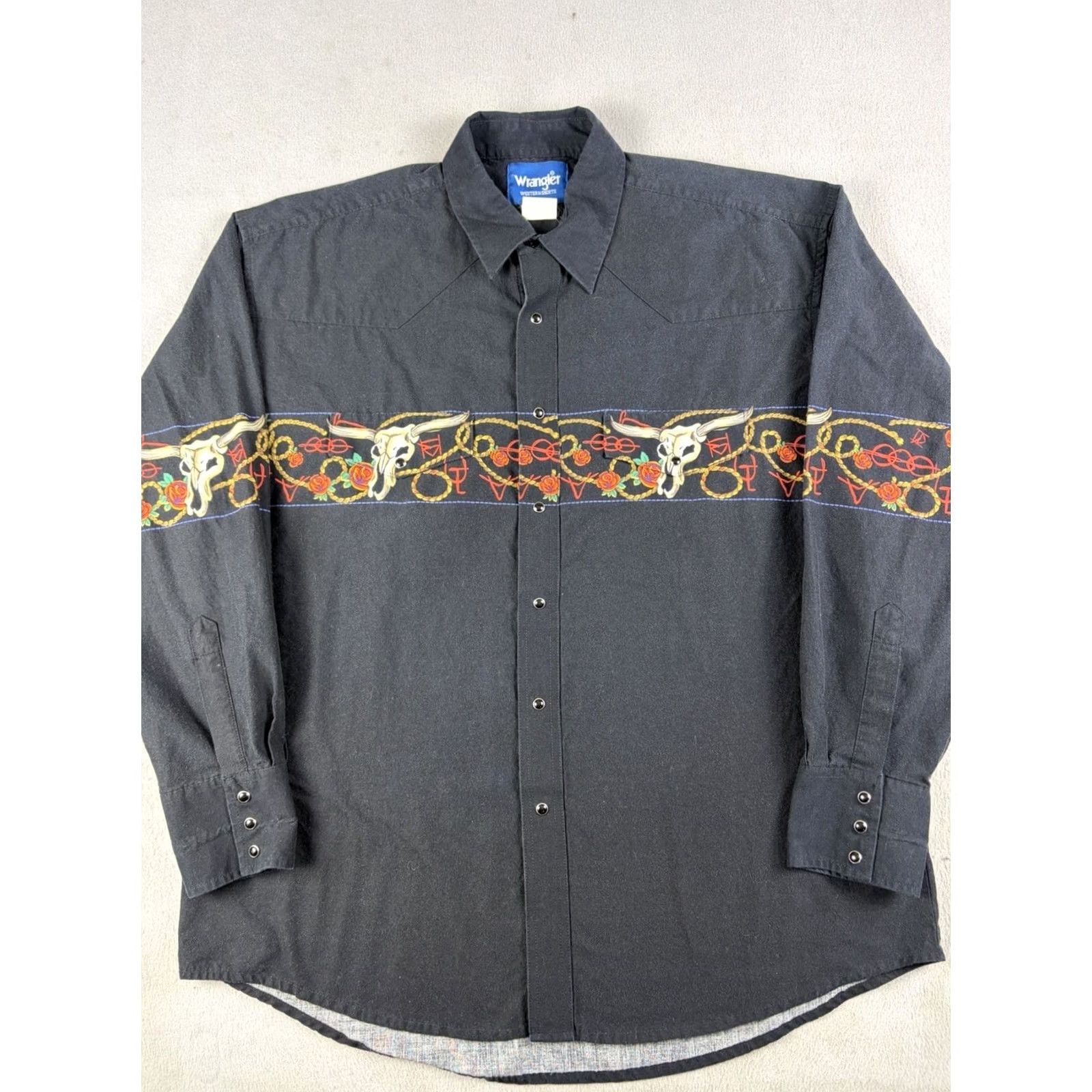 Wrangler VINTAGE Wrangler Western Shirt Button Down Pearl Snap Rose Bull Skull Horns XL Size US XL / EU 56 / 4 - 2 Thumbnail
