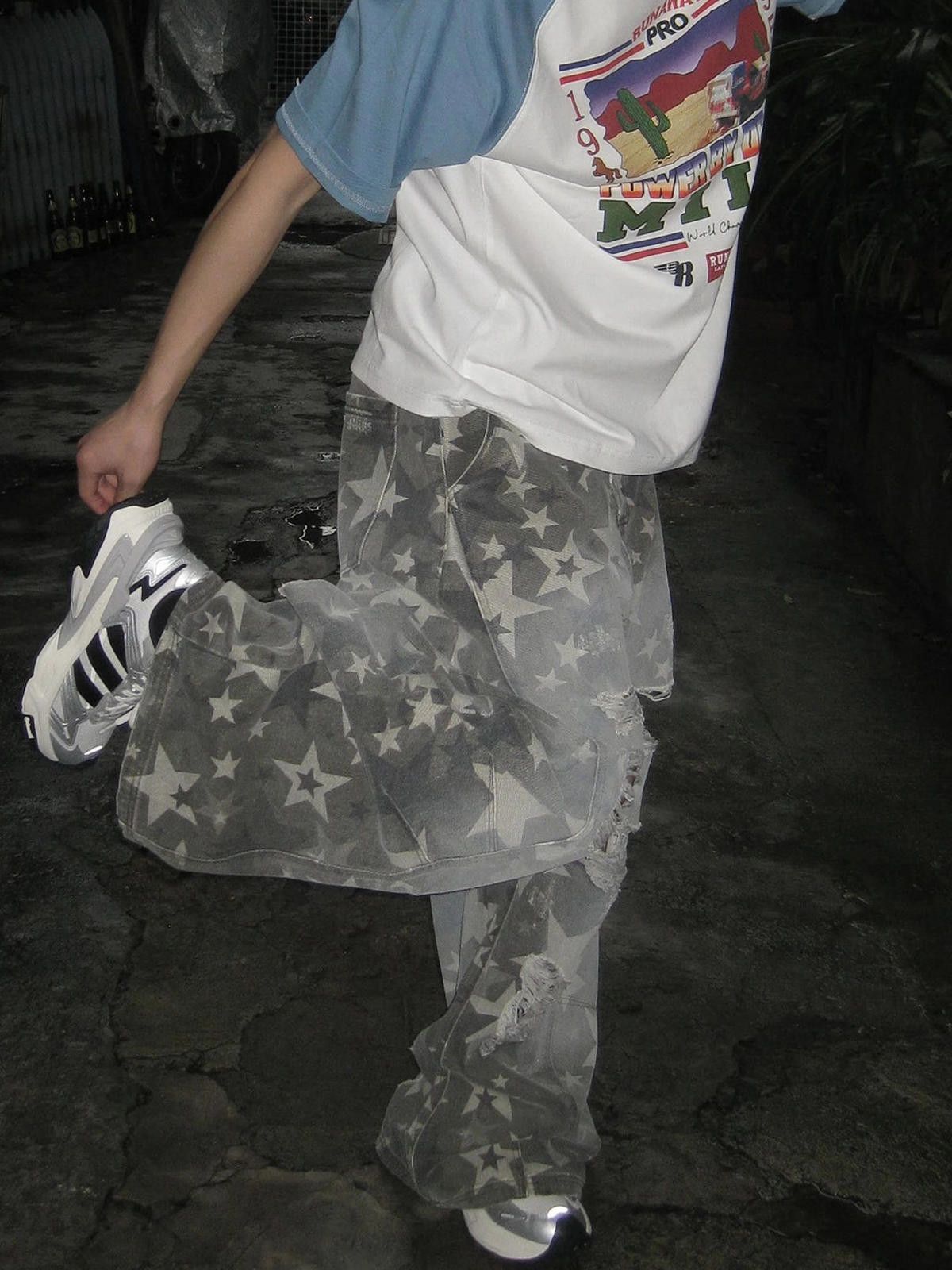 Japanese Brand Gray Star Print Distressed Baggy Jeans, Relaxed Fit Size US 32 / EU 48 - 3 Thumbnail