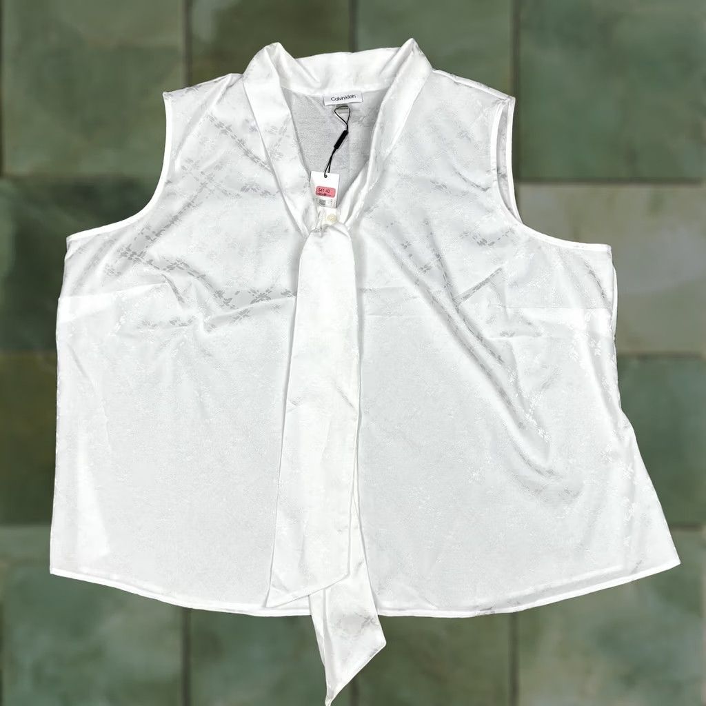 Calvin Klein Calvin Klein Blouse Sleeveless White 3XL Womens Button Up V-Neck Geometric Pattern Size XXL / US 16-18 / IT 52-54 - 1 Thumbnail