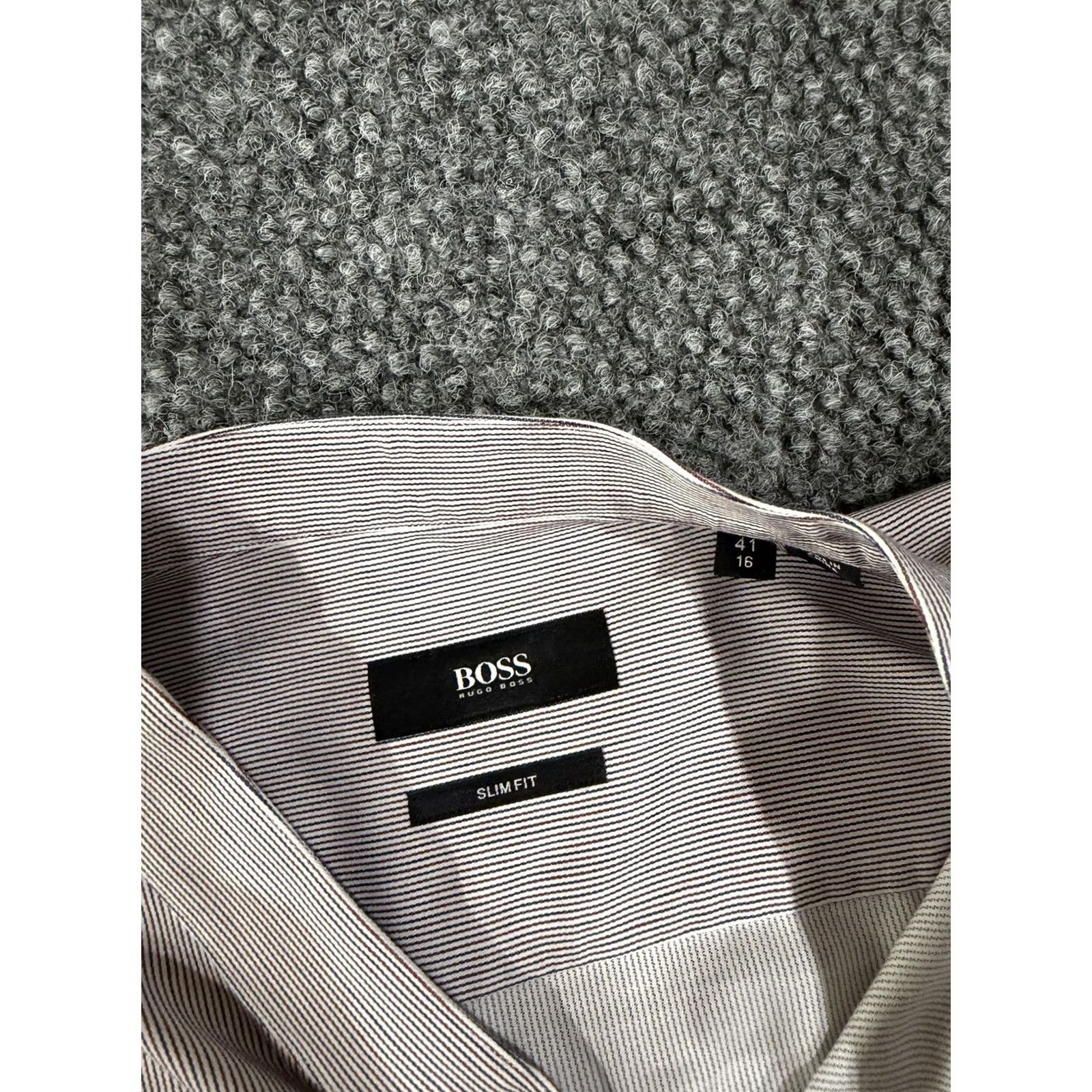 Hugo Boss HUGO BOSS Shirt Mens 16 Gray Pinstripe Slim Fit Band Collar Dress Long Sleeve Mens 16 Slim Fit Pinstripe Gray Band Collar Dress Shirt Size 42R - 5 Thumbnail