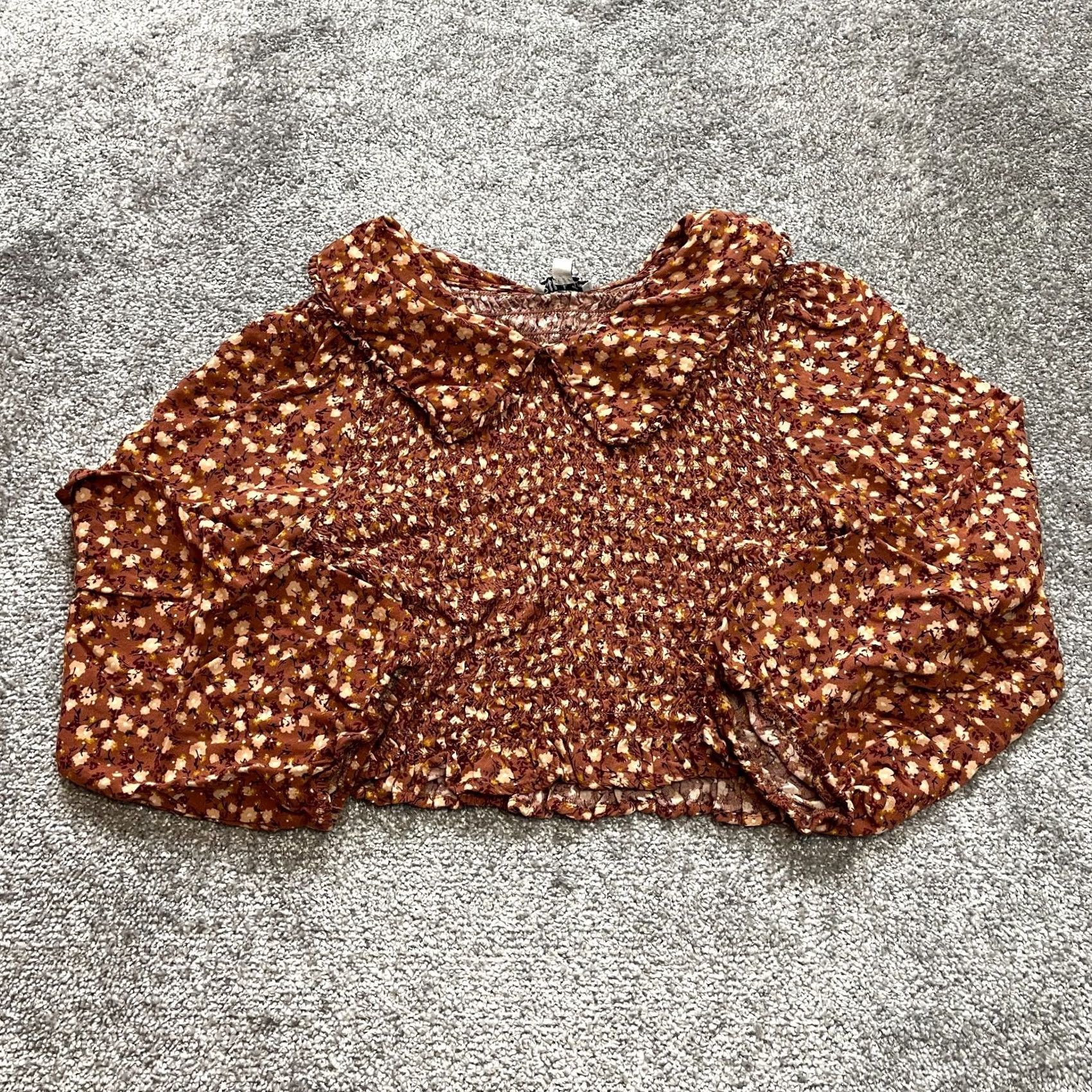 Vintage Rabbit Rose Blouse Cropped Peasant Top Womens XL Brown Floral Stretch Collared Size XL / US 12-14 / IT 48-50 - 2 Thumbnail