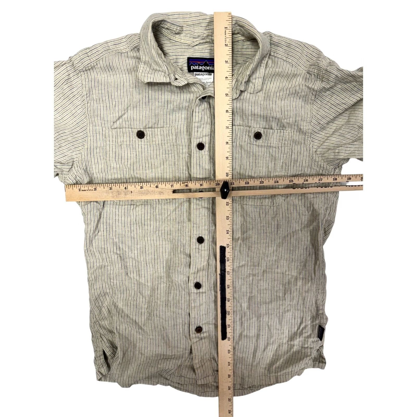 Patagonia Patagonia Men's Button-Up Shirt Small S Hemp Organic Cotton Striped Light Beige Blue Short Sleeve Size US 29 - 3 Thumbnail
