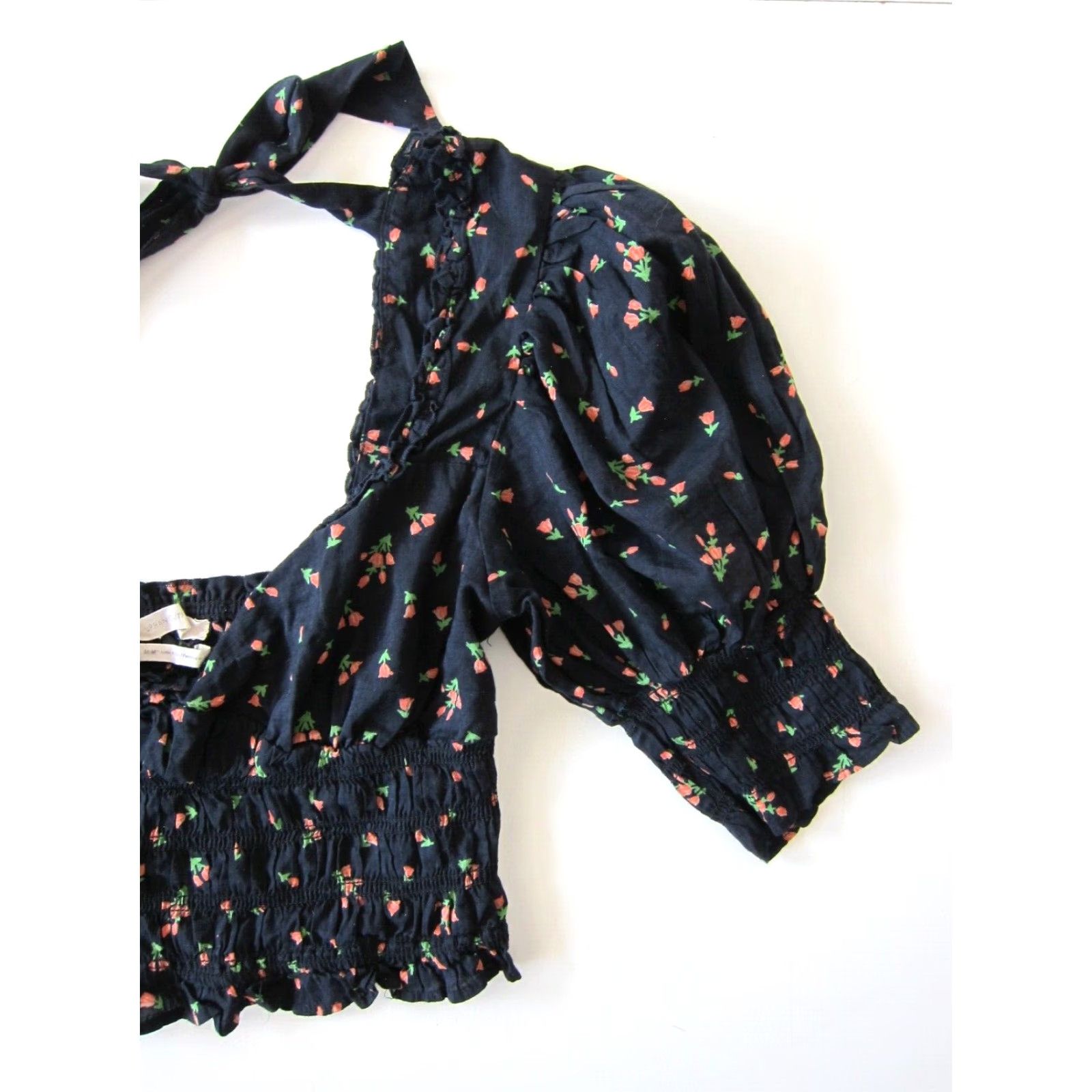 Urban Outfitters VINTAGE Urban Outfitters Cotton Black Orange Green Rose Floral Crop Peasant Blouse M Size M / US 6-8 / IT 42-44 - 7 Thumbnail