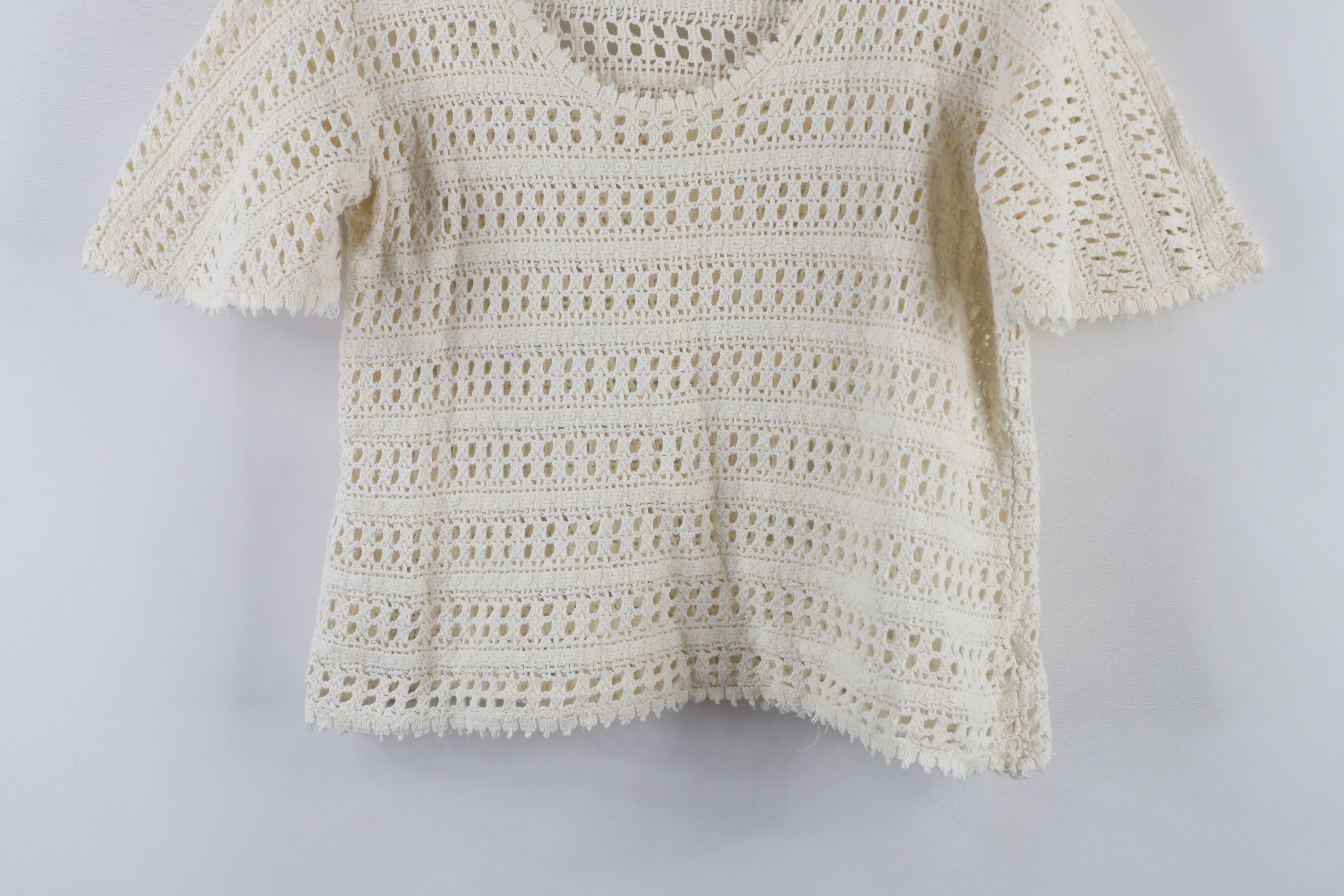 Vintage Vintage 70s Boho Chic Sleeve Crochet Knit T-Shirt Cream USA Size M / US 6-8 / IT 42-44 - 3 Thumbnail