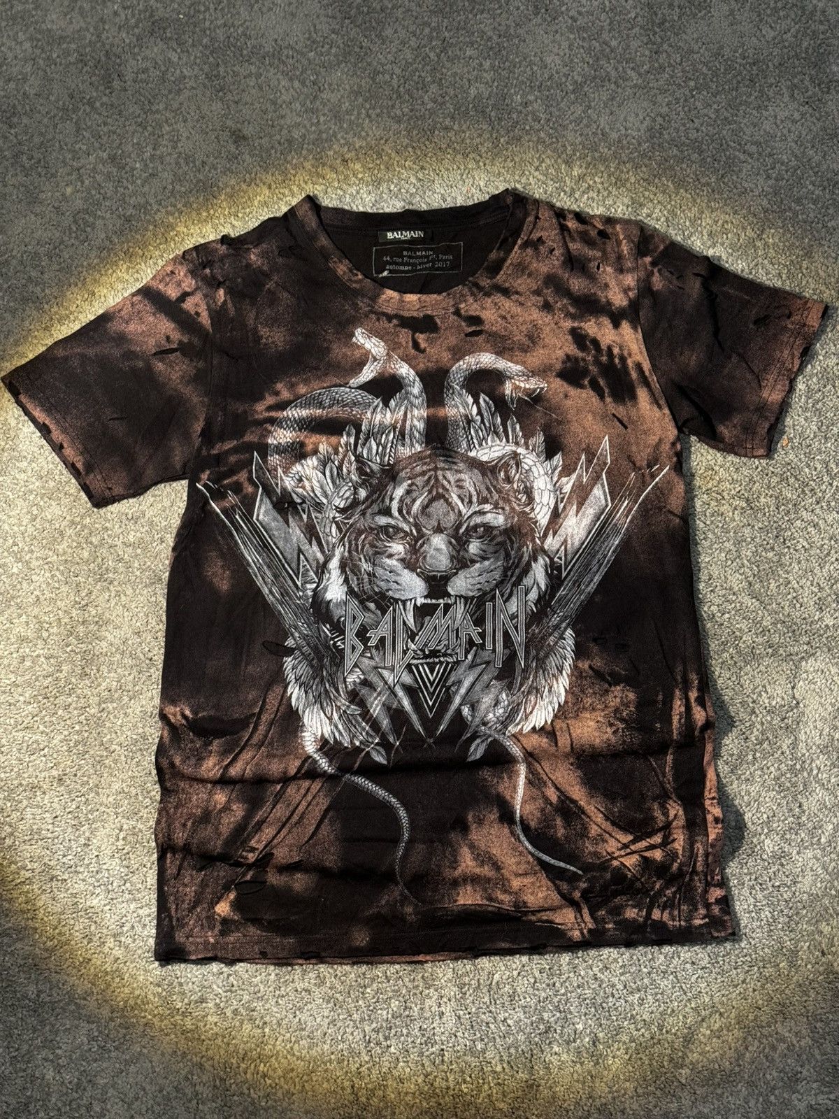 Balmain Tiger Logo Distressed Acid Black Rock Band T-Shirt