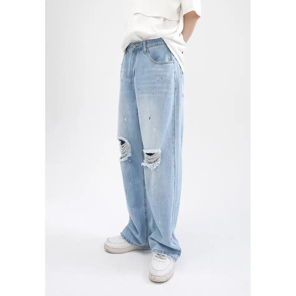 Japanese Brand Retro splashed ink straight tube ripped jeans Size US 32 / EU 48 - 3 Thumbnail
