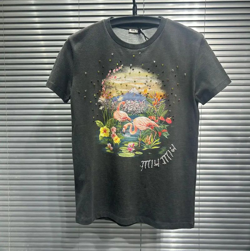 Miu Miu Miu Miu Gray Cotton Embroidered Short Sleeve Tee 0089 Size XS / US 0-2 / IT 36-38 - 1 Thumbnail