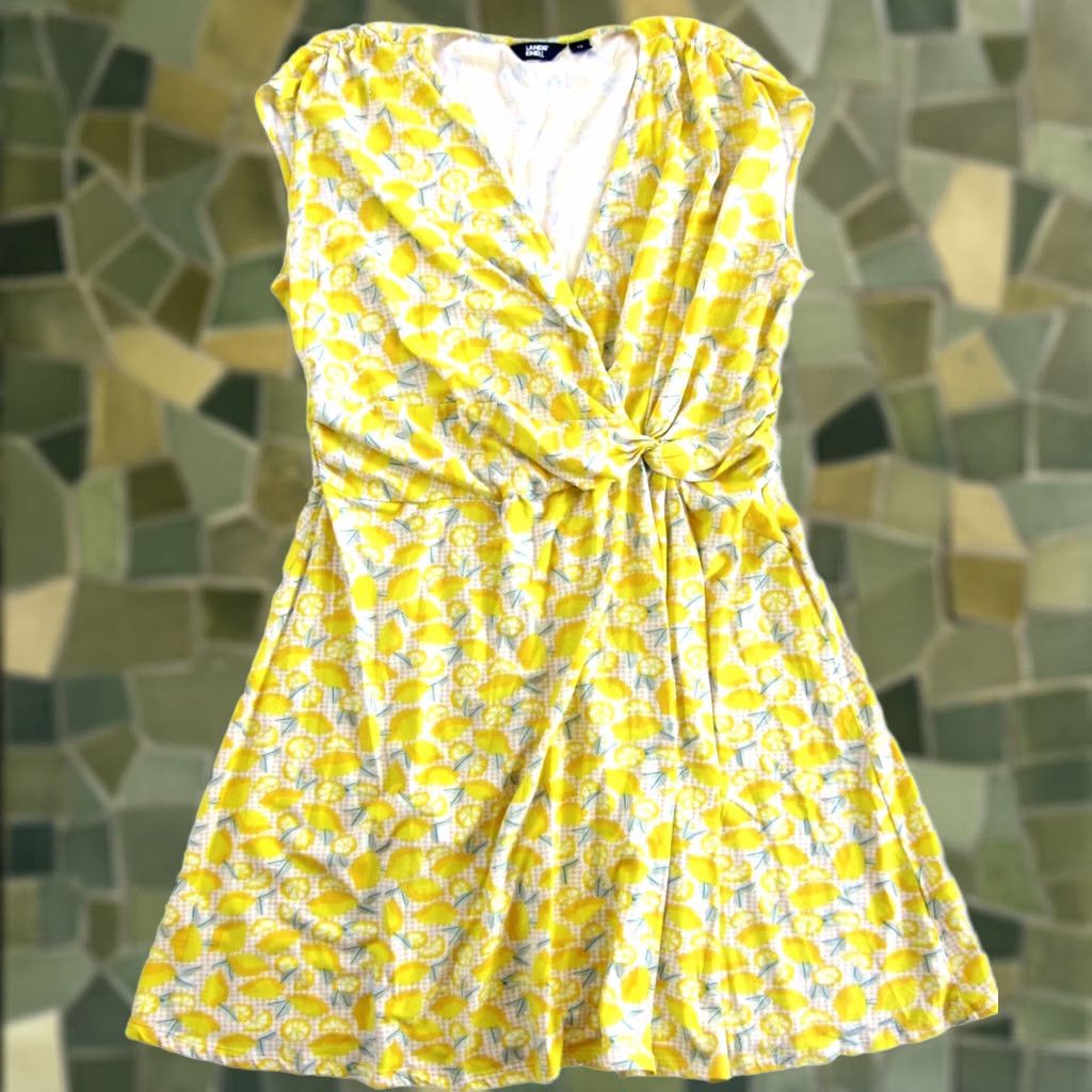 Lands' End Lands' End Yellow Green Lemon Stretch Cap Sleeve V-Neck Twist Sheath Dress 1X Size XL / US 12-14 / IT 48-50 - 1 Thumbnail