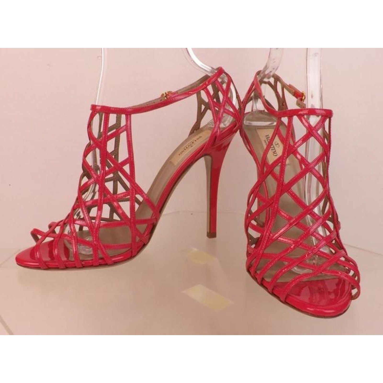 PINK PATENT LEATHER CRISSCROSS CAGE SANDALS PUMPS 36.5