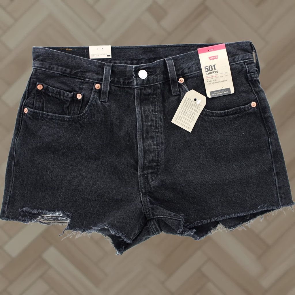 Levi's Levi's 501 Shorts Women High-Rise Cut-Off Denim Black 31 Short Slim 5-Pocket Button Front Distressed 2" Inseam Vintage No Mens Womens Size 24" / US 00 / IT 34 - 1 Thumbnail