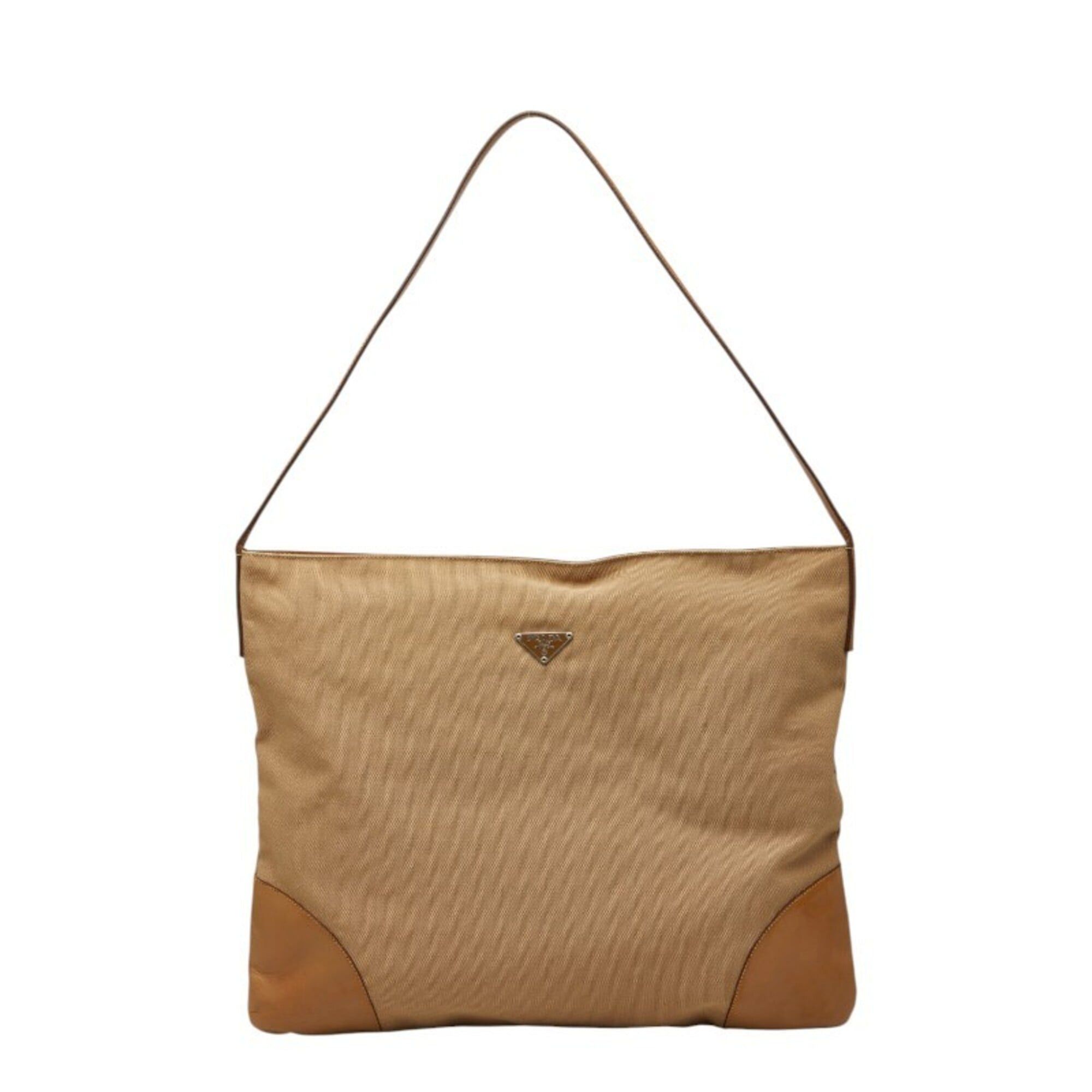 Prada Prada Triangle Logo Plate One-Shoulder Bag, Beige Canvas Leather, Women's PRADA Size ONE SIZE - 1 Thumbnail