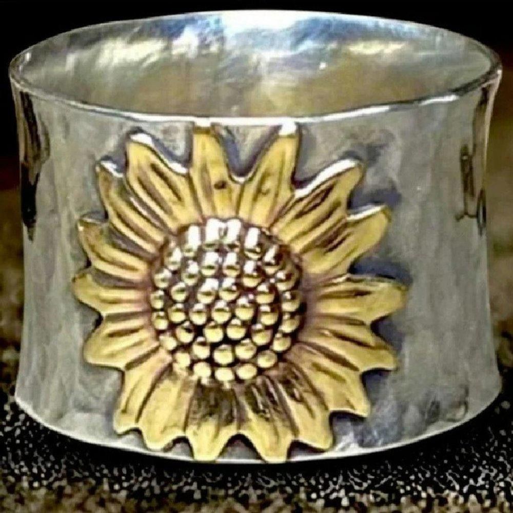 Designer Vintage Carved Yellow Sunflower Silver Flower Ring - Size 7 Size ONE SIZE - 1 Thumbnail