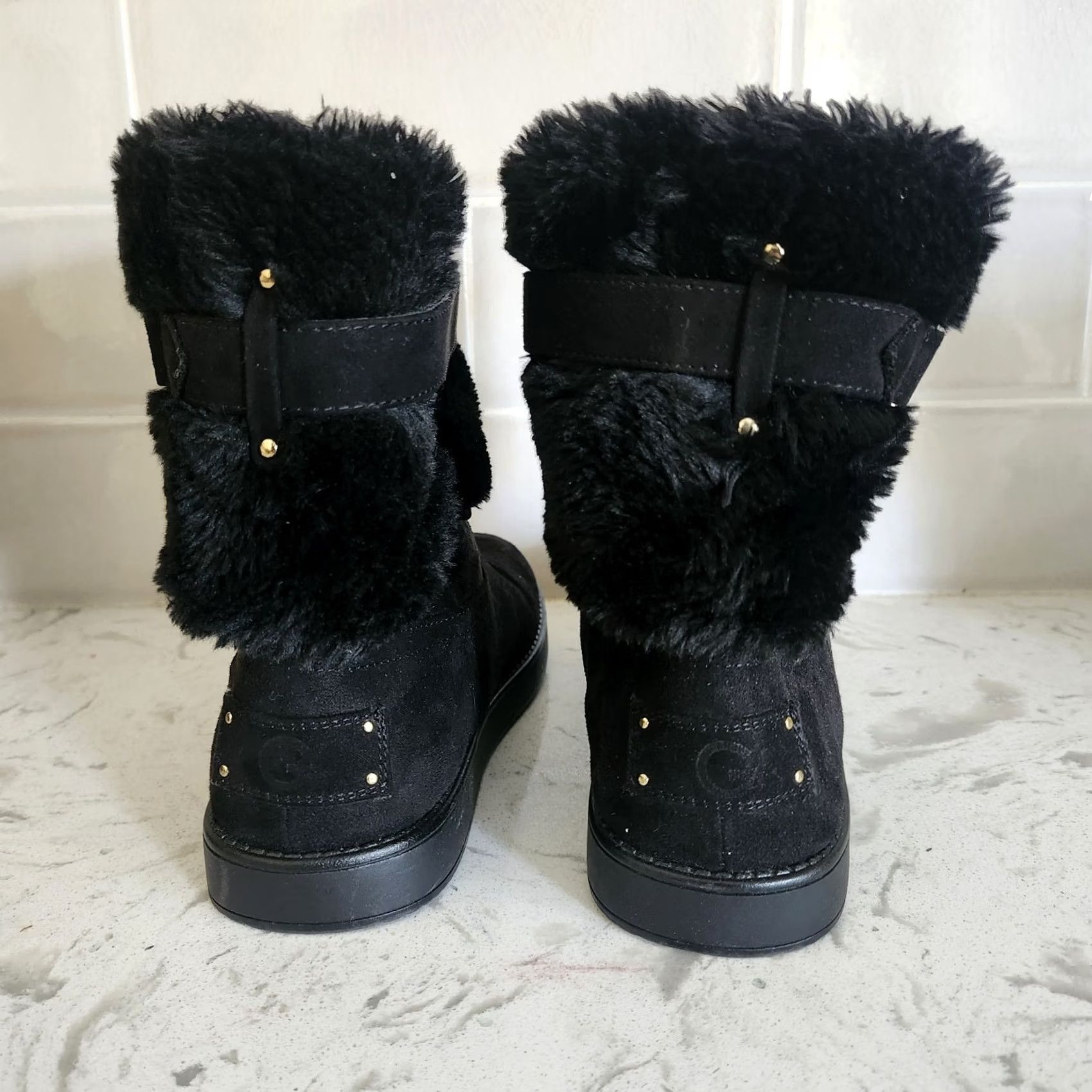 Guess G by Guess Gallion Boots Mid-Calf Womens US 7M Black Faux Fur Lined Fur Trim Medallion Logo Winter Boot Size US 7 / IT 37 - 4 Thumbnail