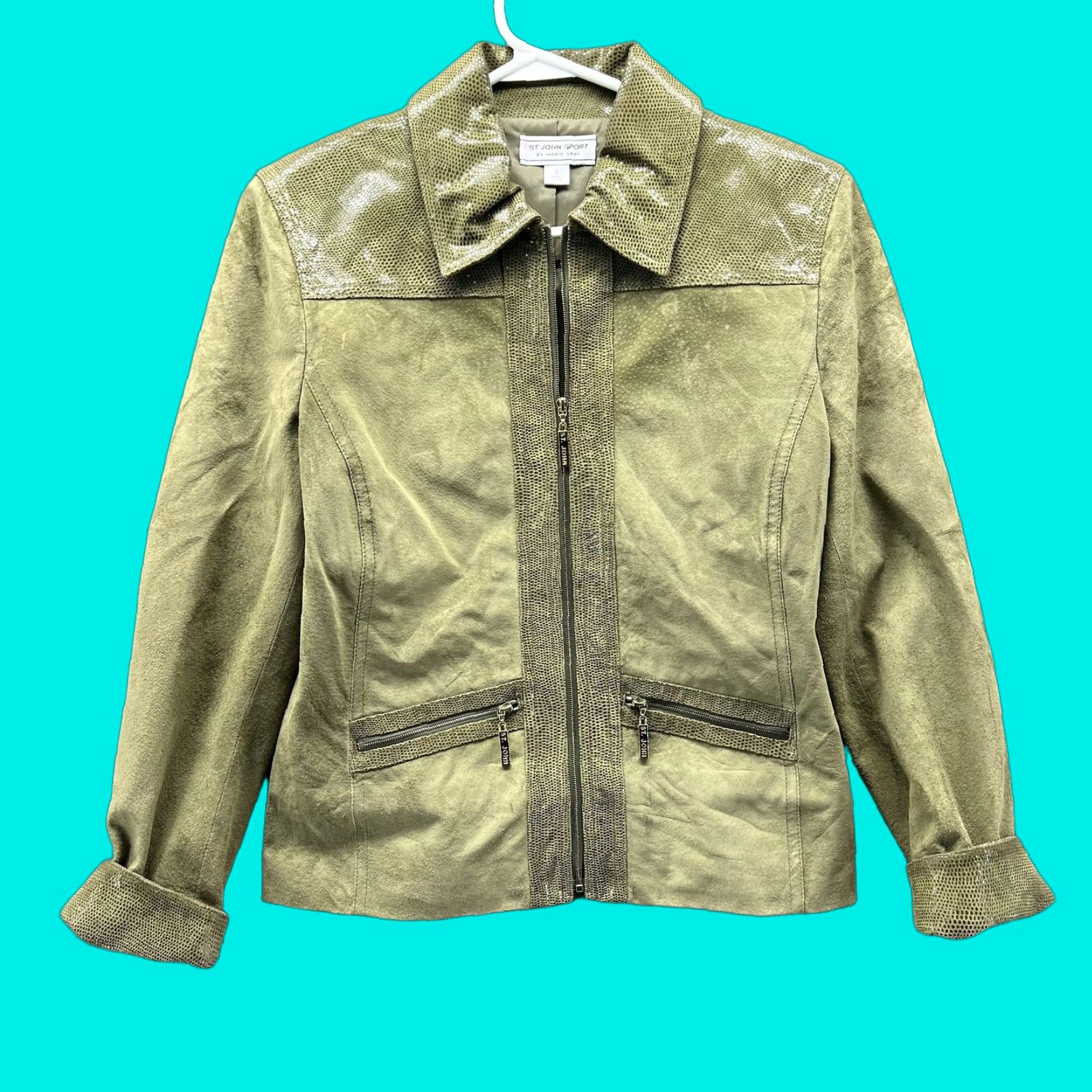 St. John VINTAGE St John Sport Jacket Womens S Green Leather Full Zip Moto Pockets Textured Size S / US 4 / IT 40 - 1 Thumbnail