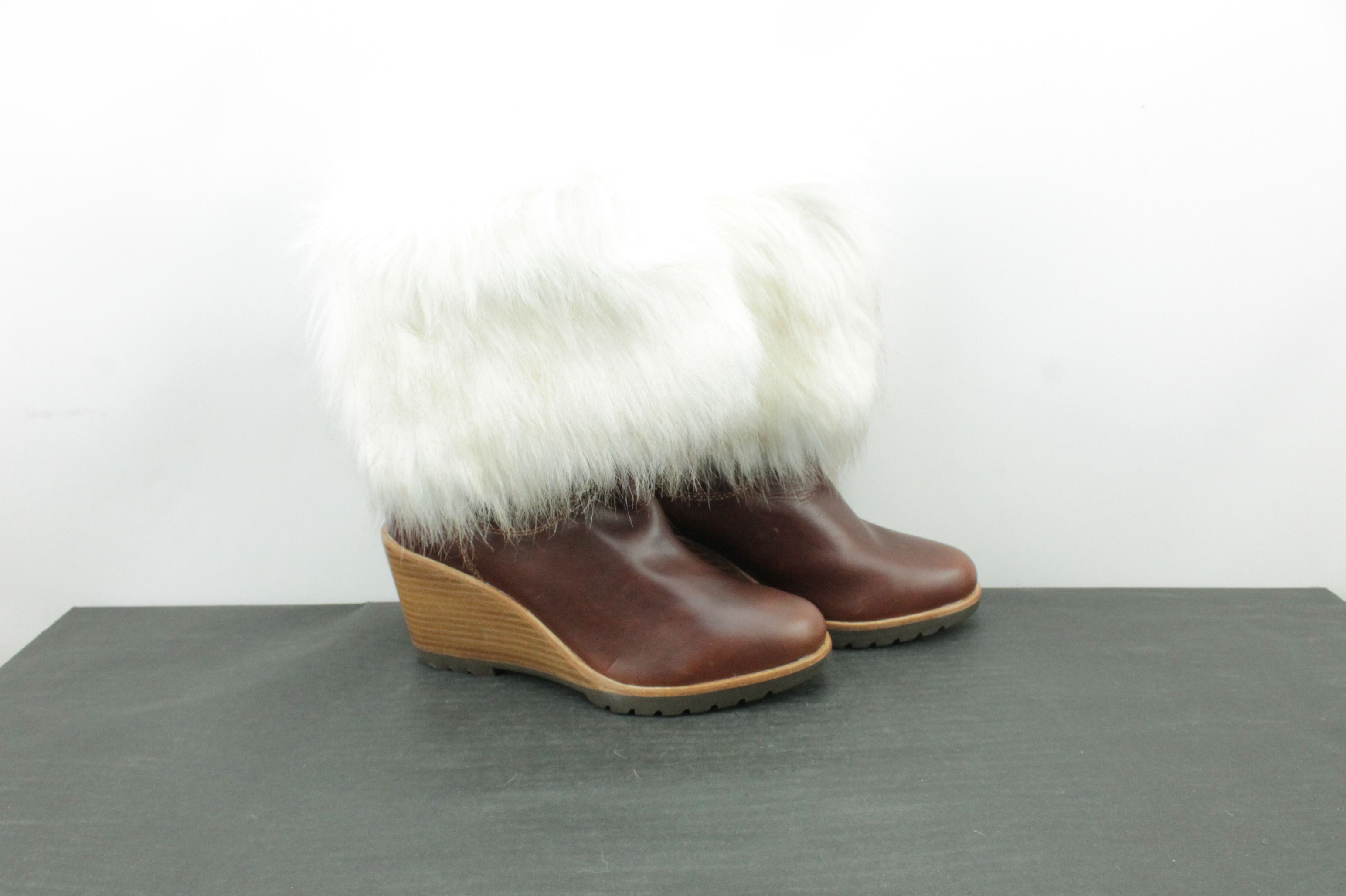 SOREL Sorel Park City Lux Brown Leather Wedge Booties Faux Fur Size US 8 / IT 38 - 2 Thumbnail