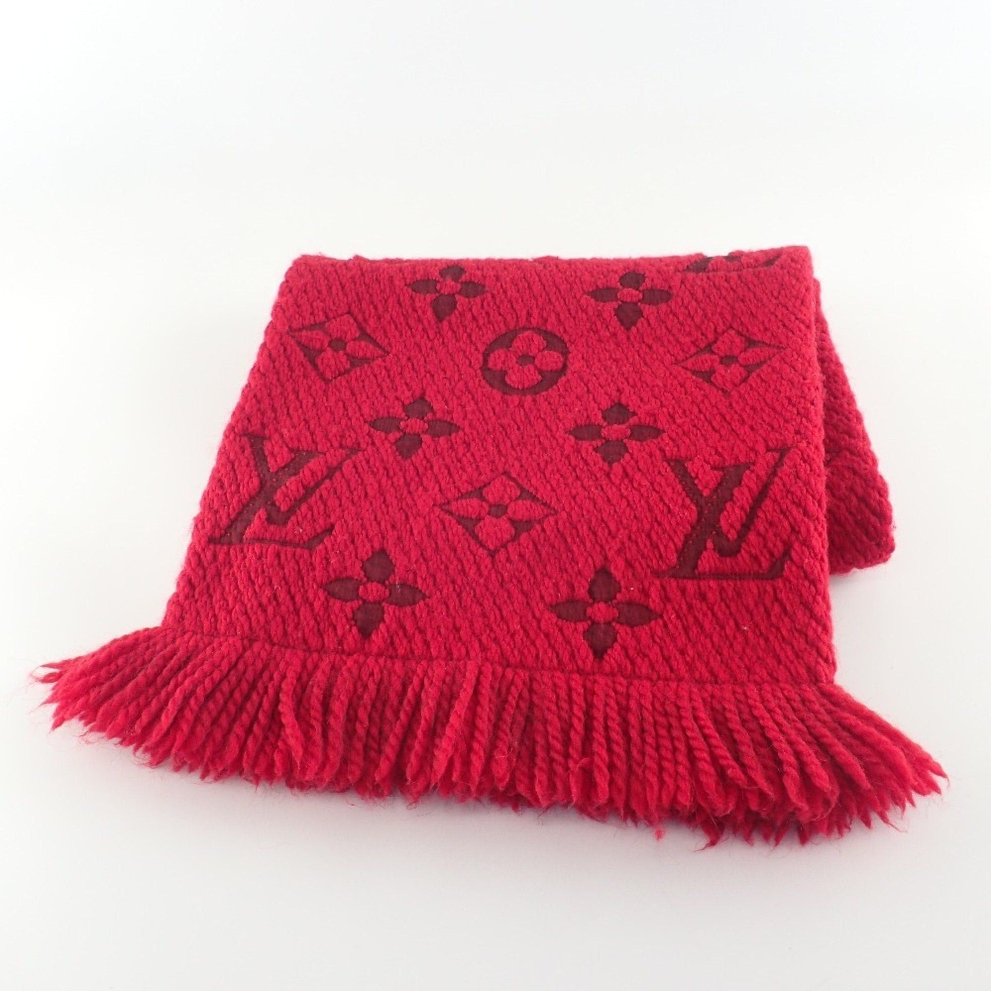 image of Louis Vuitton 413287 Echarpe Mania Wool Silk Scarf Red Women's