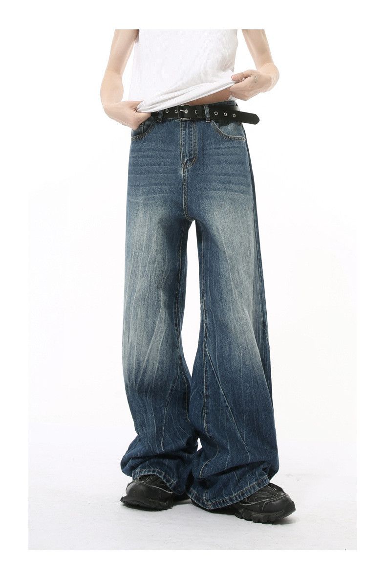 Japanese Brand × Jean Washed lightning pattern retro straight wide-leg jeans y2k Size US 34 / EU 50 - 2 Thumbnail