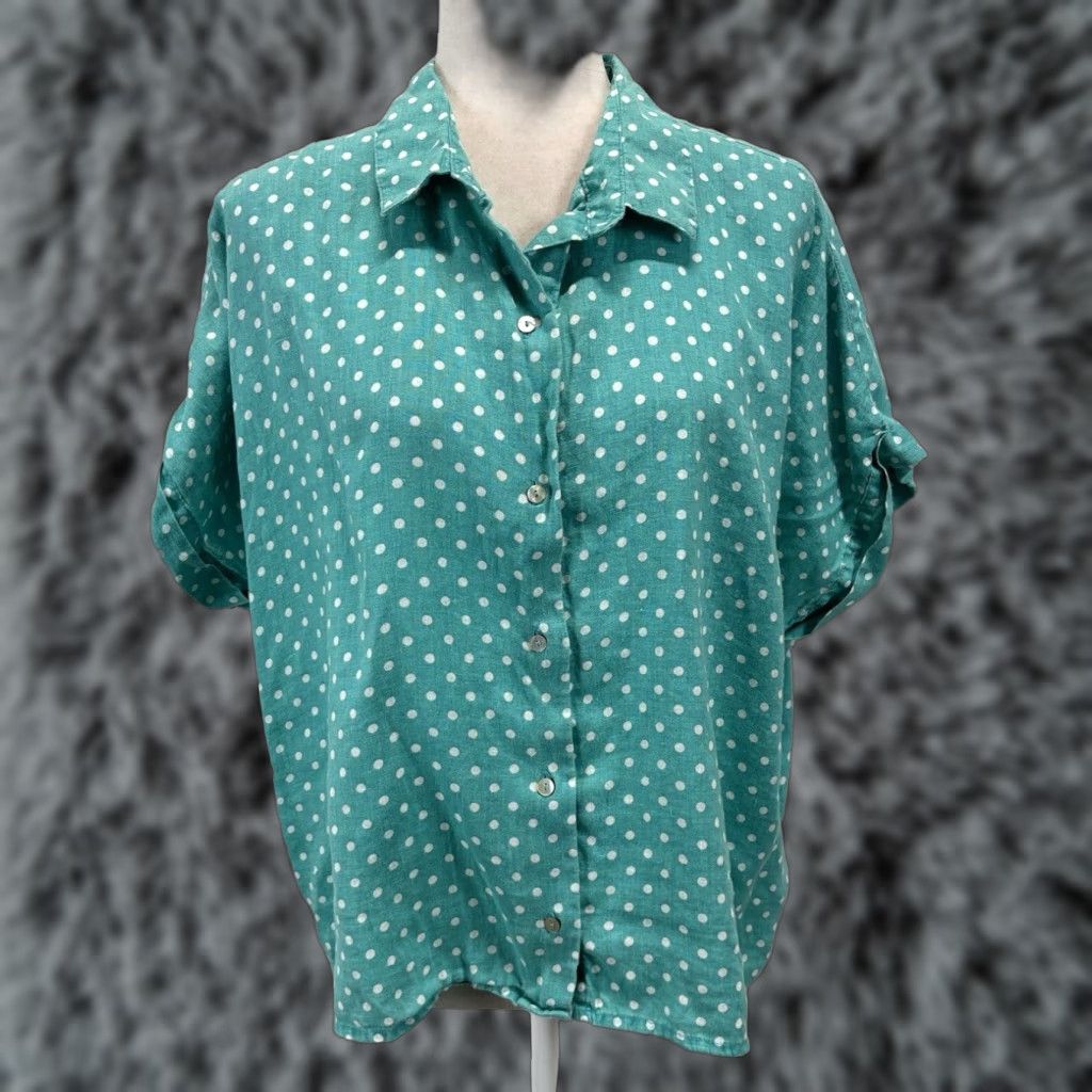 X-LARGE RACHEL Rachel Roy Women's Turquoise Linen Button-Up Shirt X-Large Polka Dot Short Sleeve Size XL / US 12-14 / IT 48-50 - 1 Thumbnail
