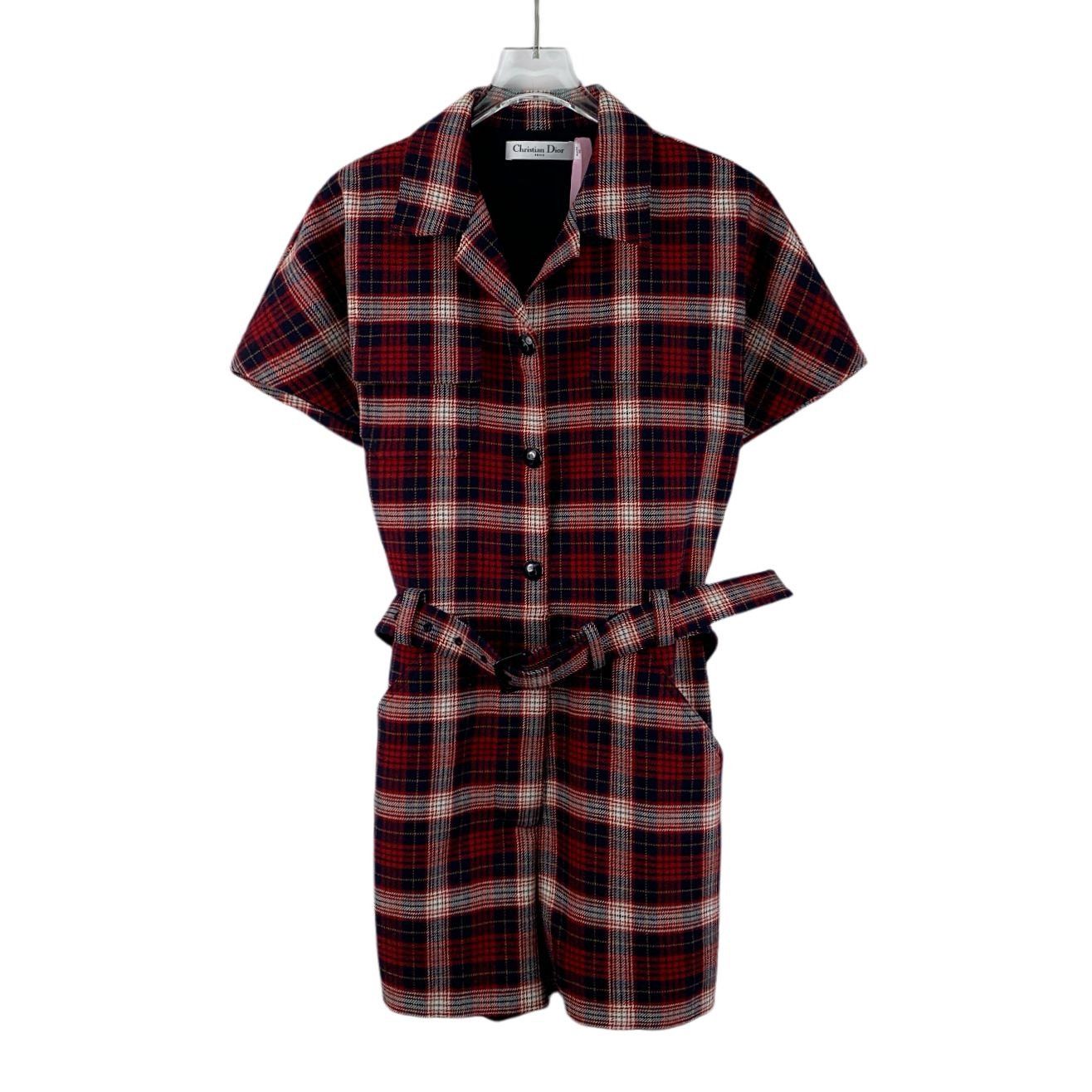 Dior Christian Dior Red Checkered Wool Short-Sleeve Jumpsuit W/ B Size XS / US 0-2 / IT 36-38 - 1 Thumbnail