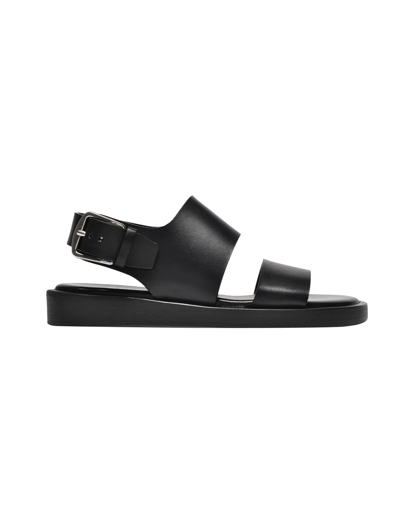 image of Ann Demeulemeester Black Leather Ankle-Strap Sandals With Round Open Toe, Women's (Size 7)