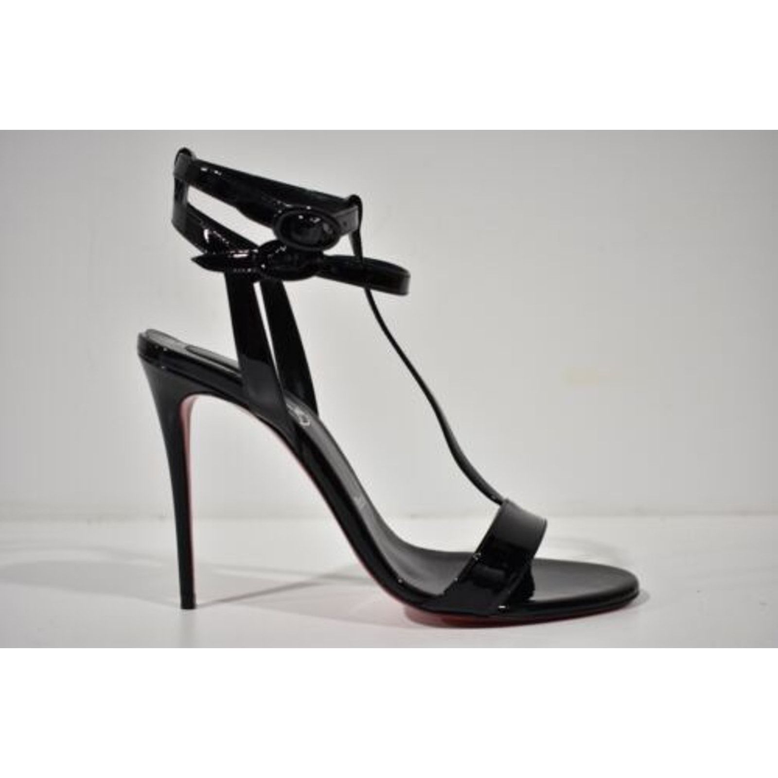 Christian Louboutin Mara 100 Black Patent Sandal Ankle Strap Open Heel Pump 40.5 Size US 10.5 / IT 40.5 - 2 Thumbnail
