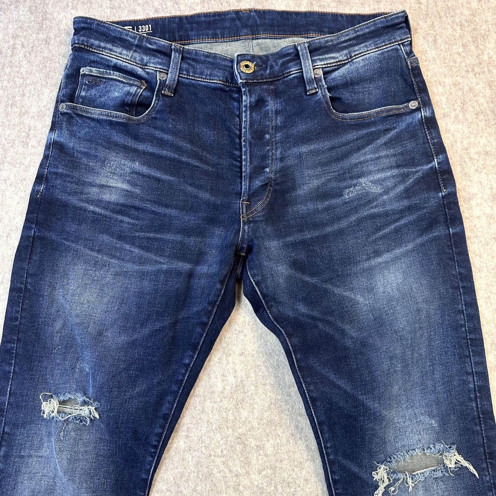 Vintage G-Star RAW 3301 Slim Jeans Mens 32x28.5 Blue Distressed Ripped Button Fly Denim Size US 32 / EU 48 - 2 Thumbnail