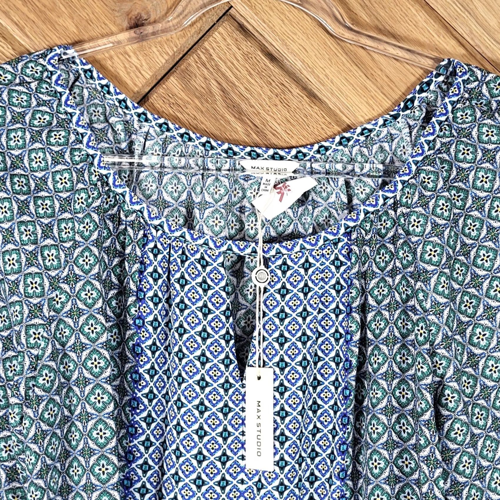 Vintage Max Studio Womens Medium Geometric Blouse - Blue Boho Peasant Size M / US 6-8 / IT 42-44 - 2 Thumbnail