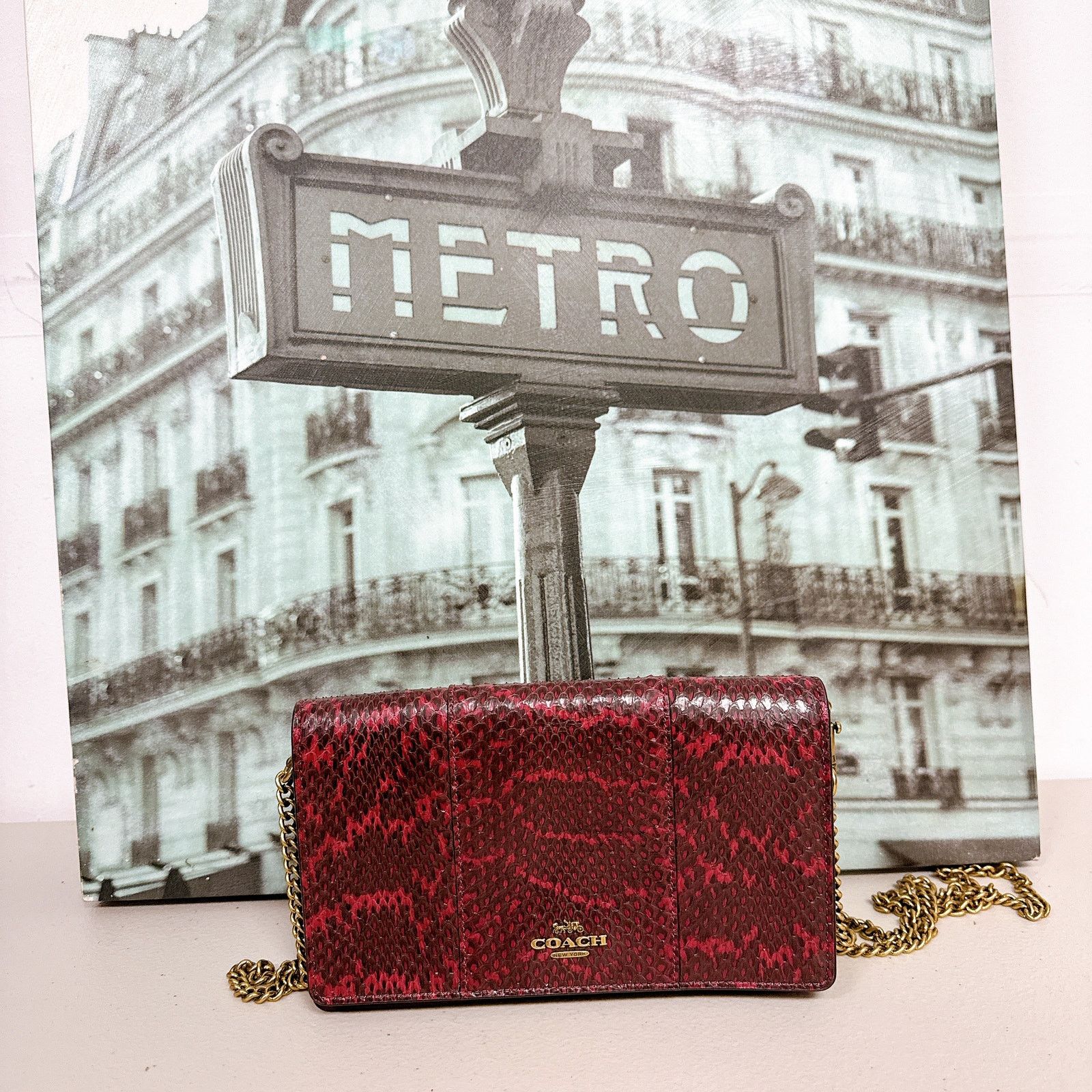 Coach 79600 Callie Foldover Chain Clutch Blocked Snakeskin