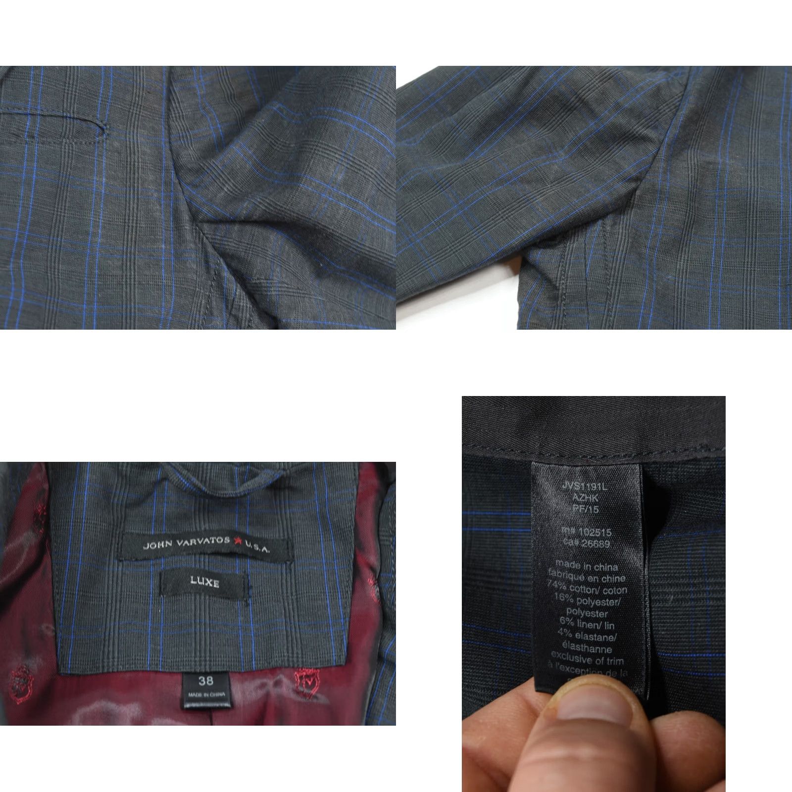John Varvatos VINTAGE John Varvatos USA Luxe Blazer Mens 38 Gray Blue Plaid Two-Button Slim Fit Size 38R - 8 Thumbnail