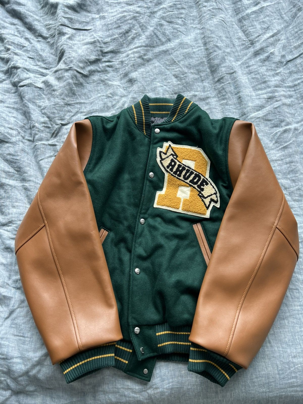 Rhude 2995USD Chenille Letterman Varsity Jacket Green/Tan Size US L / EU 52-54 / 3 - 5 Thumbnail