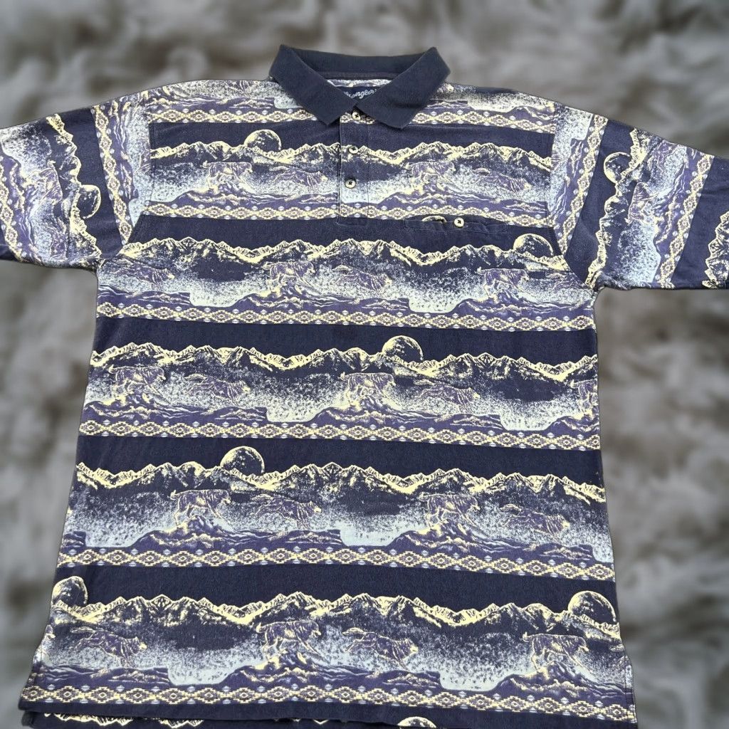 Wrangler VINTAGE Wrangler Western Polo T Shirt Mens XL Night Wolf Moon AOP All Over Print Size US XL / EU 56 / 4 - 1 Thumbnail