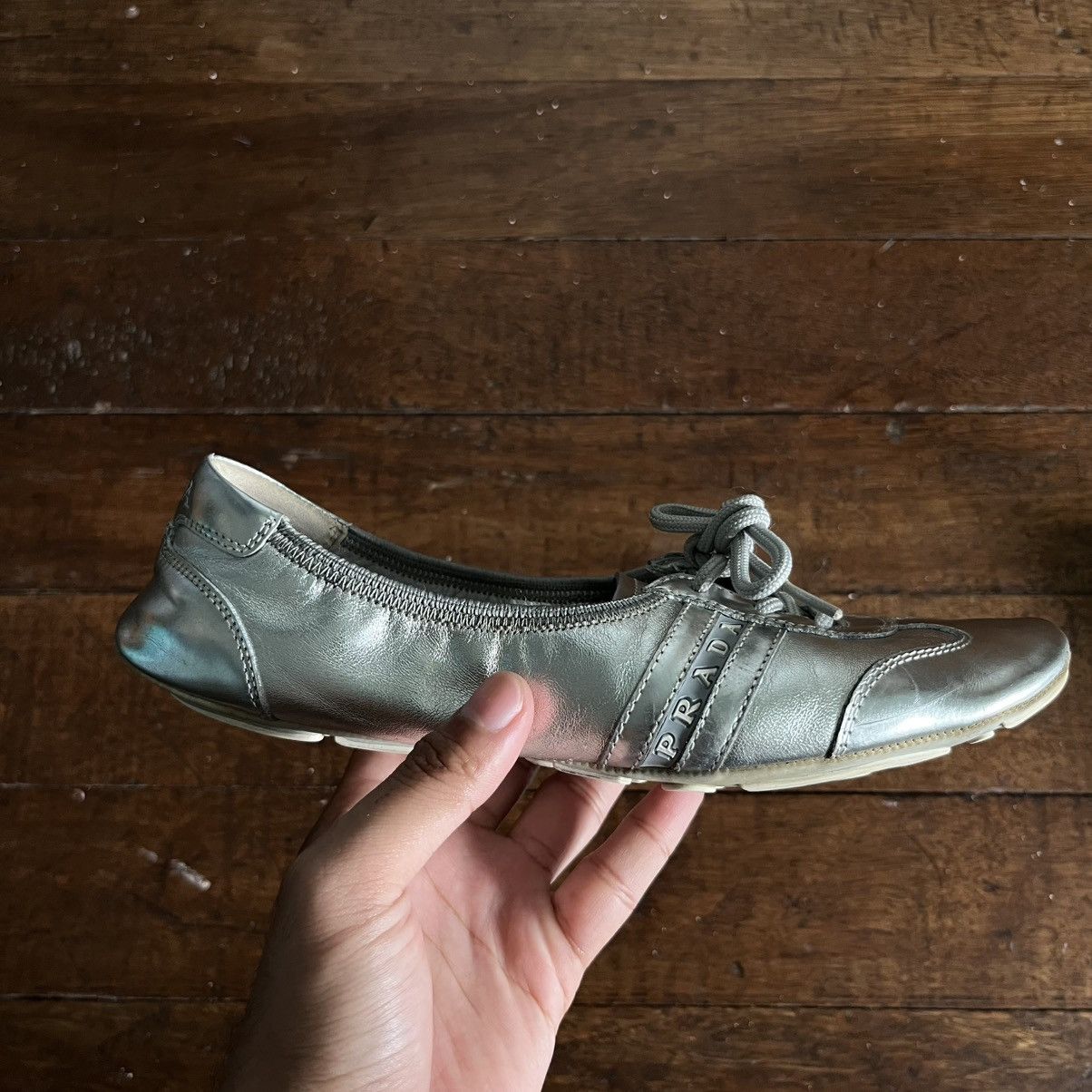 Prada Prada Sport Silver Leather Scrunch Lace Up Ballet Flats Size US 5 / IT 35 - 2 Thumbnail