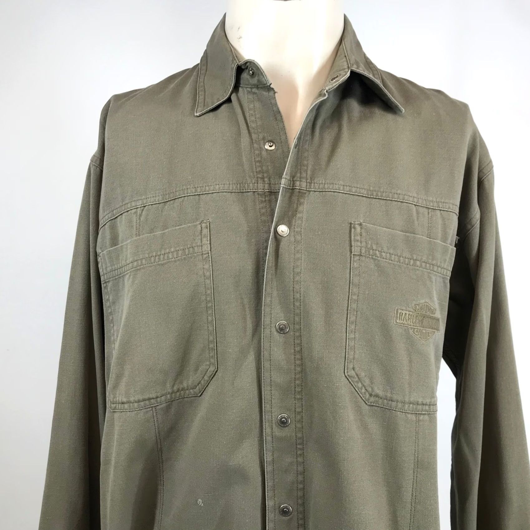 Harley Davidson Harley-Davidson Mens Olive Green Canvas Long Sleeve Snap Button Work Shirt XL Size US XL / EU 56 / 4 - 2 Thumbnail