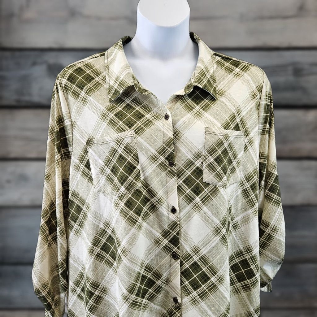 Vintage Catherines Button Front Top Womens 2X Green Plaid Long Sleeve Shirt Size XXL / US 16-18 / IT 52-54 - 1 Thumbnail