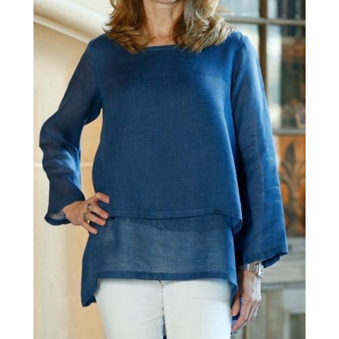 Other Crown Linen Designs Audrey Blue Layered Tunic Top in Blue - Size M / US 6-8 / IT 42-44 - 1 Thumbnail