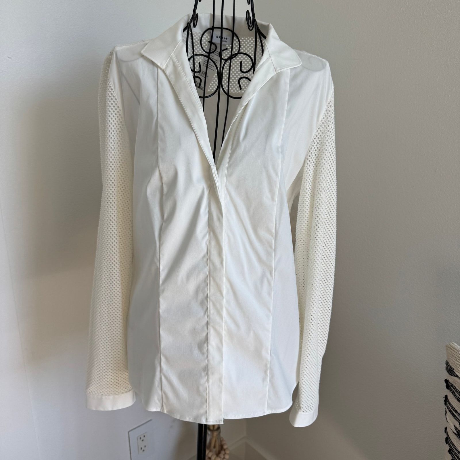 Akris Akris Punto White V-Neck Mesh Sleeve Button-Up Blouse Size L / US 10 / IT 46 - 1 Thumbnail