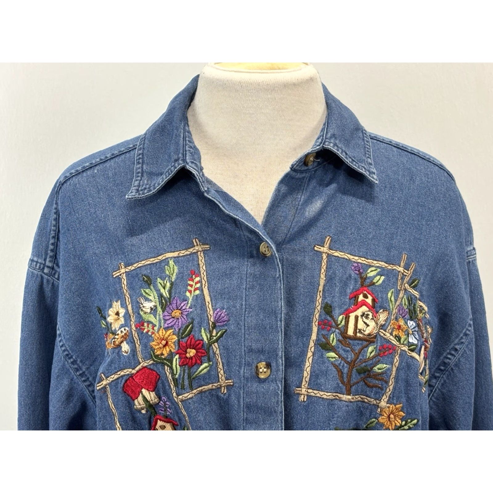 Vintage Vtg Victoria Jones Sport Denim Shirt Sz 18W Plus Embroidered Bird Houses READ Size XXL / US 16-18 / IT 52-54 - 5 Thumbnail