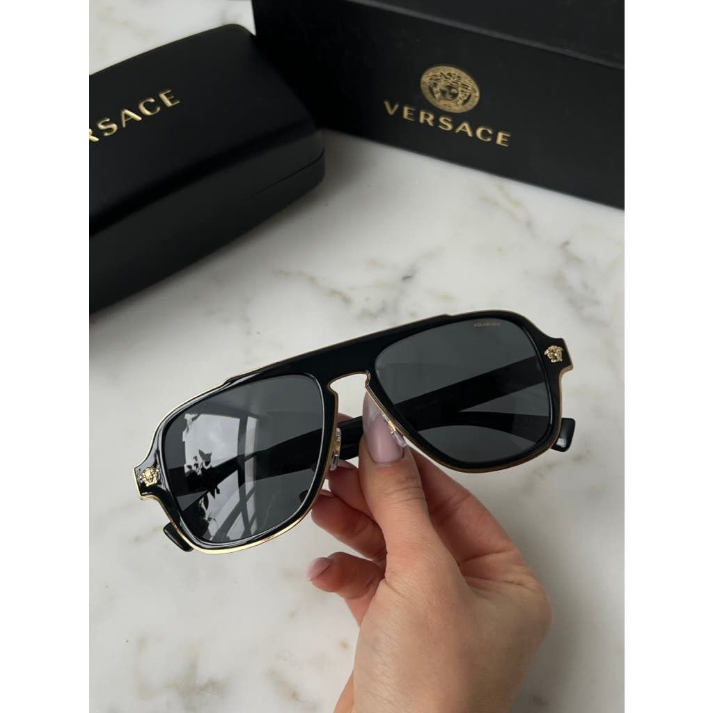 image of New Versace Ve2199 Polarized Aviator Sunglasses In Black, Men's