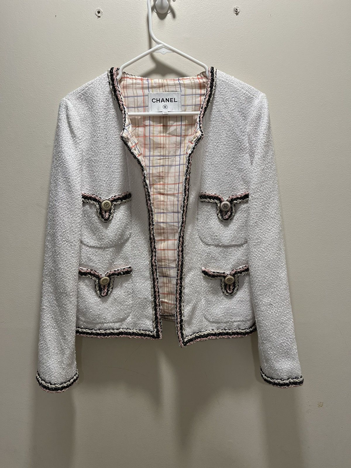 image of Chanel Vintage White / Pink Tweed Jacket Coquette, Women's (Size XS)