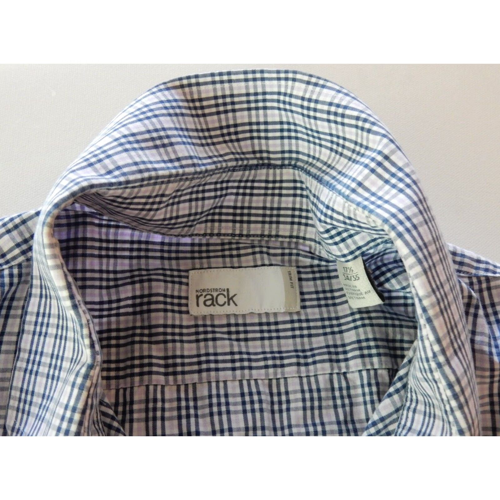 Nordstrom VINTAGE Nordstrom Men's Dress Shirt Size 17.5 Long Sleeve Plaid Cotton Blue-Purple-White Adult Size 46R - 3 Thumbnail