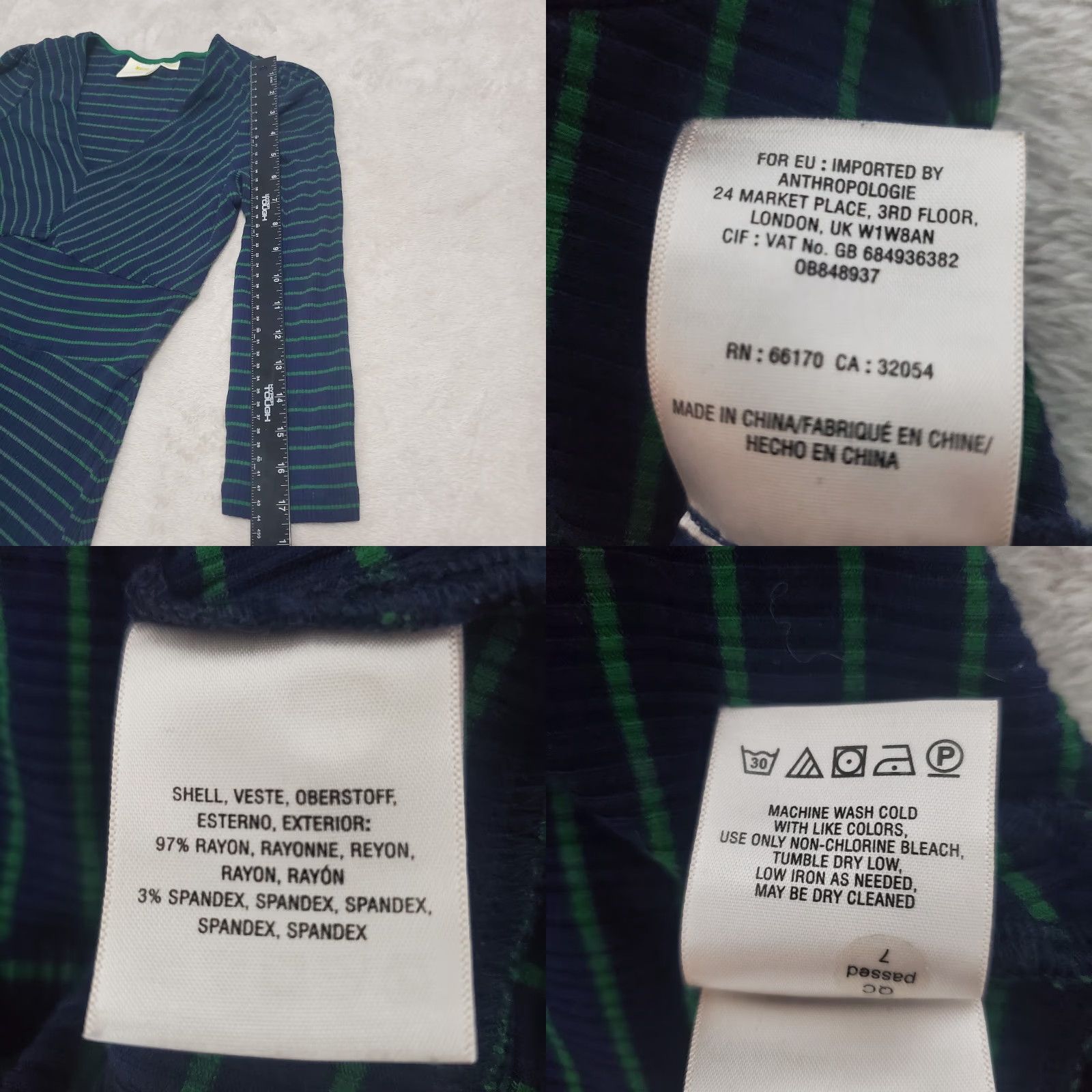 Anthropologie VINTAGE Anthropologie Maeve Dress Women M Blue Green Striped Ribbed Stretchy V Neck Midi 3/4 Sleeve Ruffle Hem Size M / US 6-8 / IT 42-44 - 9 Thumbnail