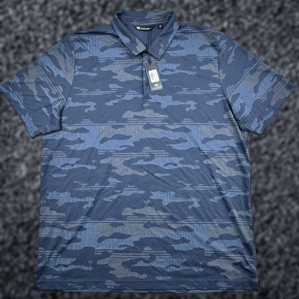 Travis Mathew Polo Shirt Mens 3XL Blue Nights Open Camo Athletic Fit Short Sleeve Golf Shirt