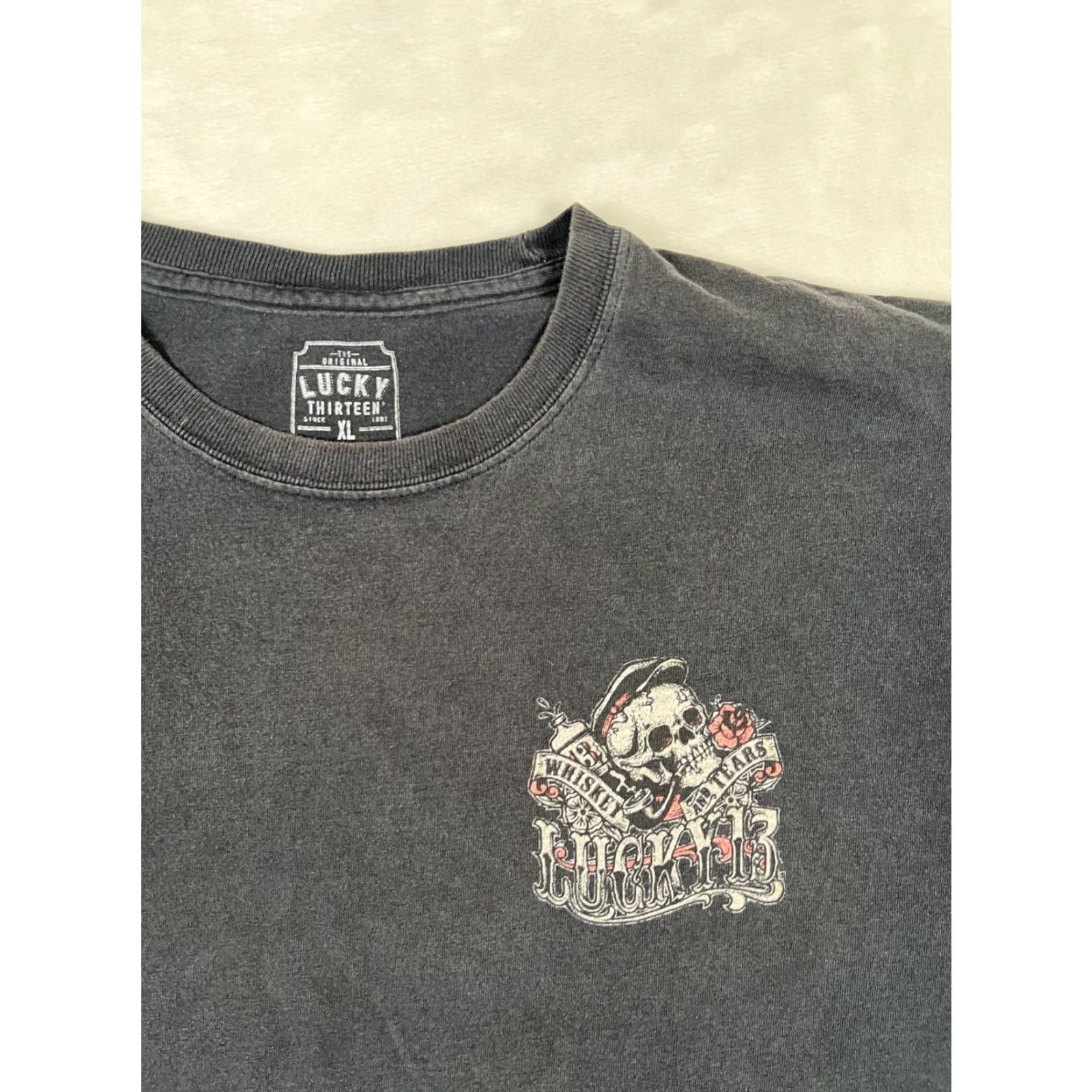 Vintage Lucky Thirteen T-Shirt Mens XL Black "Whiskey and Tears" Skull Tattoo Graphic Print Crew Neck Short Sleeve Size US XL / EU 56 / 4 - 3 Thumbnail