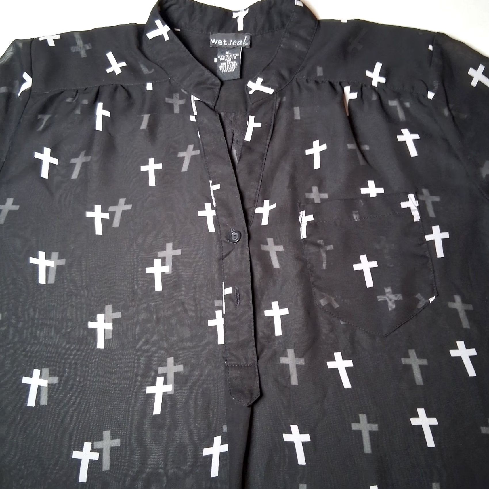 Vintage Wet Seal Blouse XL Black Sheer Roll Tab Sleeve Emo Goth Religious Holy Cross Size XL / US 12-14 / IT 48-50 - 6 Thumbnail