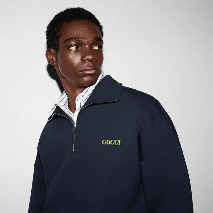 Gucci oc11z0226 Jersey Half-Zip Jacket With Patch in Blue Size US M / EU 48-50 / 2 - 5 Thumbnail